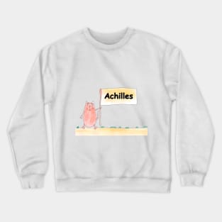 Achilles name. Personalized gift for birthday your friend. Cat character holding a banner Crewneck Sweatshirt